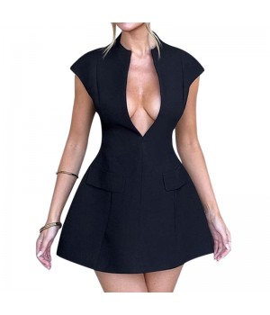 Women's Elegant A-Line Mini Dress V-Neck Short Sleeves Breathable Summer Fashion Party Sexy Solid Dress