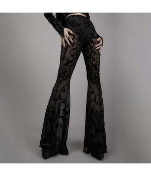 Goth Aesthetic Black Flared Pants Harajuku Sexy See Through Women Trousers Punk Grunge High Waist Cosplay Summer Pants