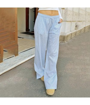 Street simplicity style stripe loose straight drawstring pants women breathable home casual trousers