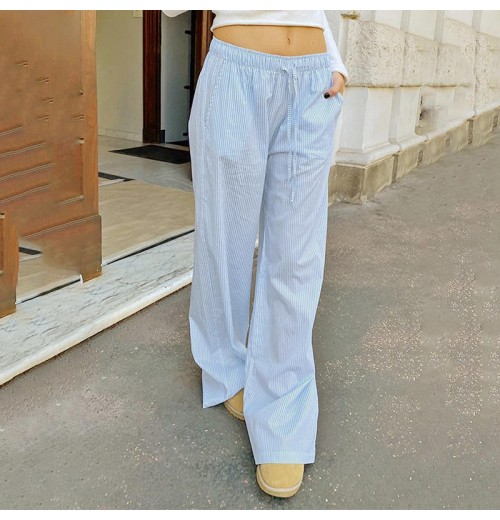 Street simplicity style stripe loose straight drawstring pants women breathable home casual trousers