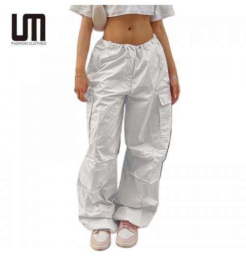 Liu Ming Spring Women Casual Loose High Waist Elastic Straight Sweatpants Pockets Cargo Pants