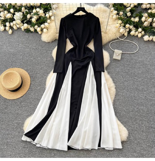 YM6159 New 2024 Autumn Chic Black White Color Long Sleeve Midi Dress Women's Elegant Dresses Clothing 11